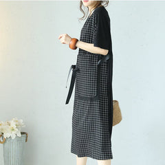 fine black plaid cotton dresses plus size patchwork traveling clothing 2018 tie waist gown SDM180727