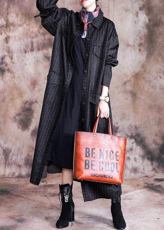 fine black woolen overcoat oversize Coats fall women coats striped TCT190910