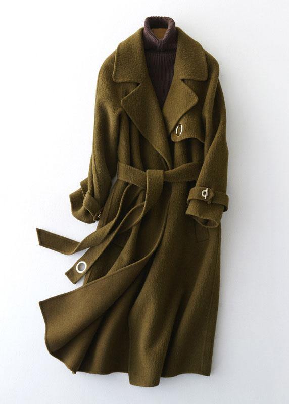 fine green Woolen Coats Loose fitting long coats tie waist outwear lapel collar TCT190821