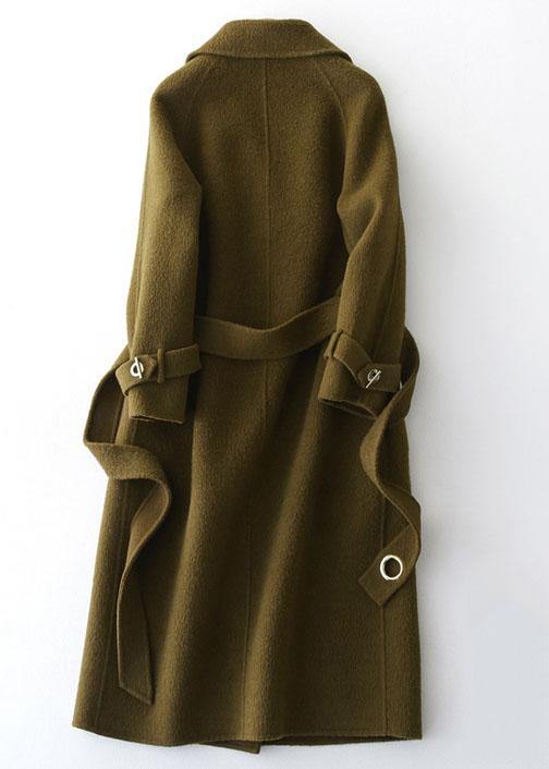 fine green Woolen Coats Loose fitting long coats tie waist outwear lapel collar TCT190821