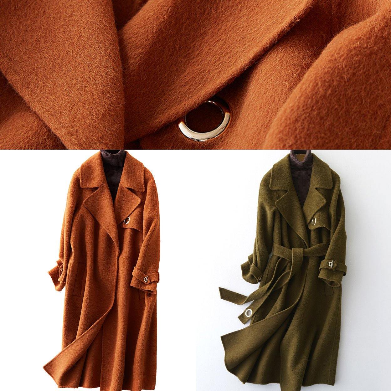 fine green Woolen Coats Loose fitting long coats tie waist outwear lapel collar TCT190821