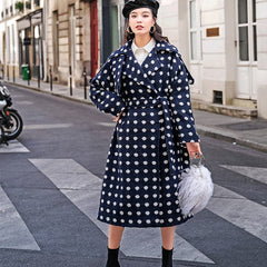 fine navy dotted coat oversize Notched trench coat 2018 tie waist wool jackets TCT181016