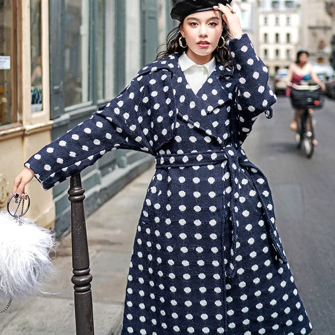 fine navy dotted coat oversize Notched trench coat 2018 tie waist wool jackets TCT181016