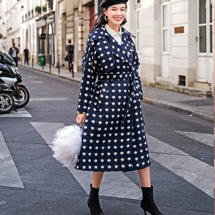 fine navy dotted coat oversize Notched trench coat 2018 tie waist wool jackets TCT181016