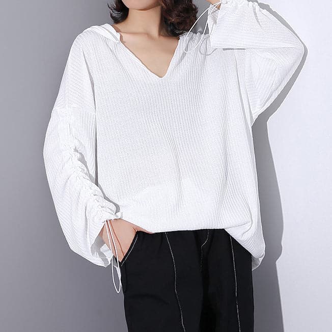 fine white Midi-length cotton blended t shirt oversized Hooded baggy traveling clothing casual long sleeve asymmetrical design cotton blended tops AT-LTP180910