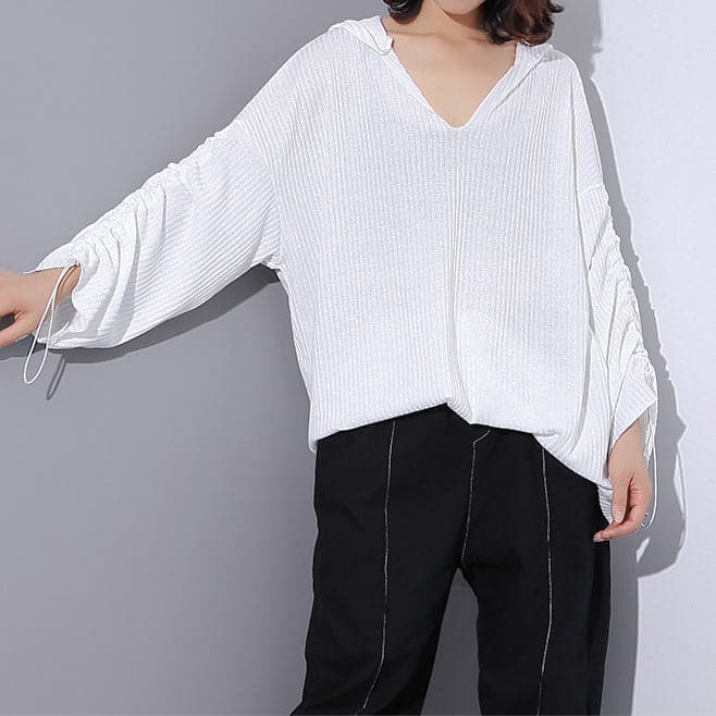 fine white Midi-length cotton blended t shirt oversized Hooded baggy traveling clothing casual long sleeve asymmetrical design cotton blended tops AT-LTP180910