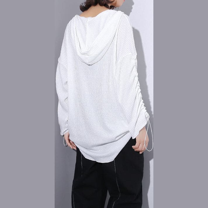 fine white Midi-length cotton blended t shirt oversized Hooded baggy traveling clothing casual long sleeve asymmetrical design cotton blended tops AT-LTP180910