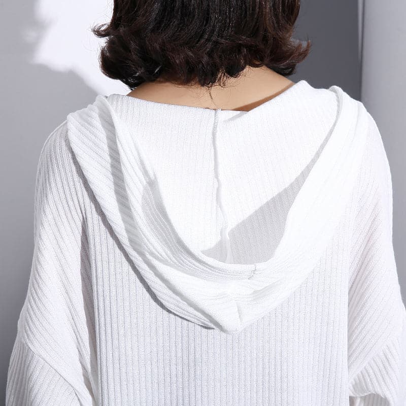 fine white Midi-length cotton blended t shirt oversized Hooded baggy traveling clothing casual long sleeve asymmetrical design cotton blended tops AT-LTP180910