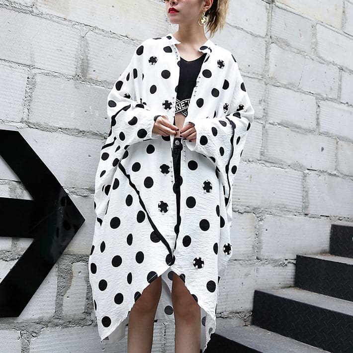 fine white cotton dotted prints thin cardigans oversized linen batwing sleeve trench coat stand collar coats AT-CDG180417