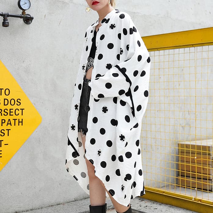 fine white cotton dotted prints thin cardigans oversized linen batwing sleeve trench coat stand collar coats AT-CDG180417