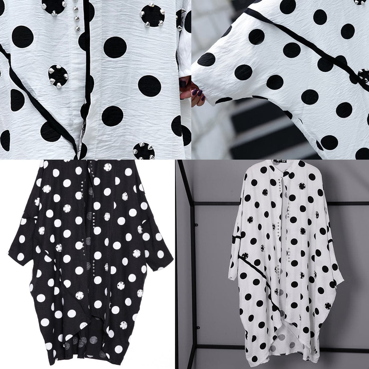 fine white cotton dotted prints thin cardigans oversized linen batwing sleeve trench coat stand collar coats AT-CDG180417