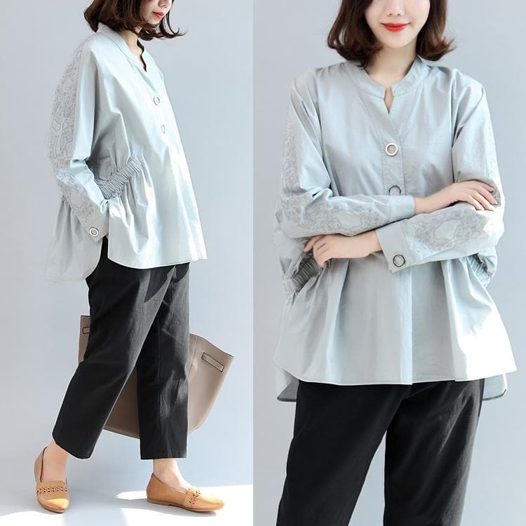 warm fall outfits gray embroidery cotton tops loose casual shirts LTP171028