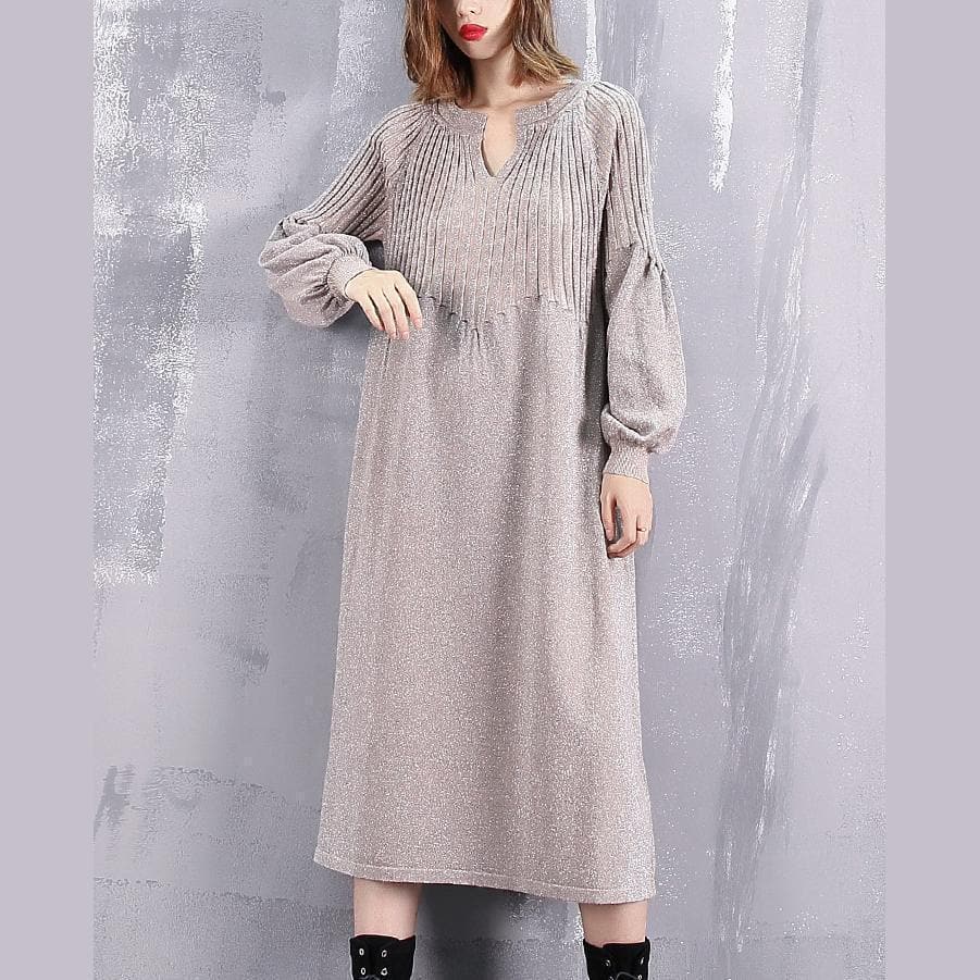 warm khaki sweater dress oversized v neck winter dress New baggy Cinched winter dresses AT-NSD181010