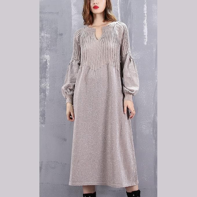 warm khaki sweater dress oversized v neck winter dress New baggy Cinched winter dresses AT-NSD181010