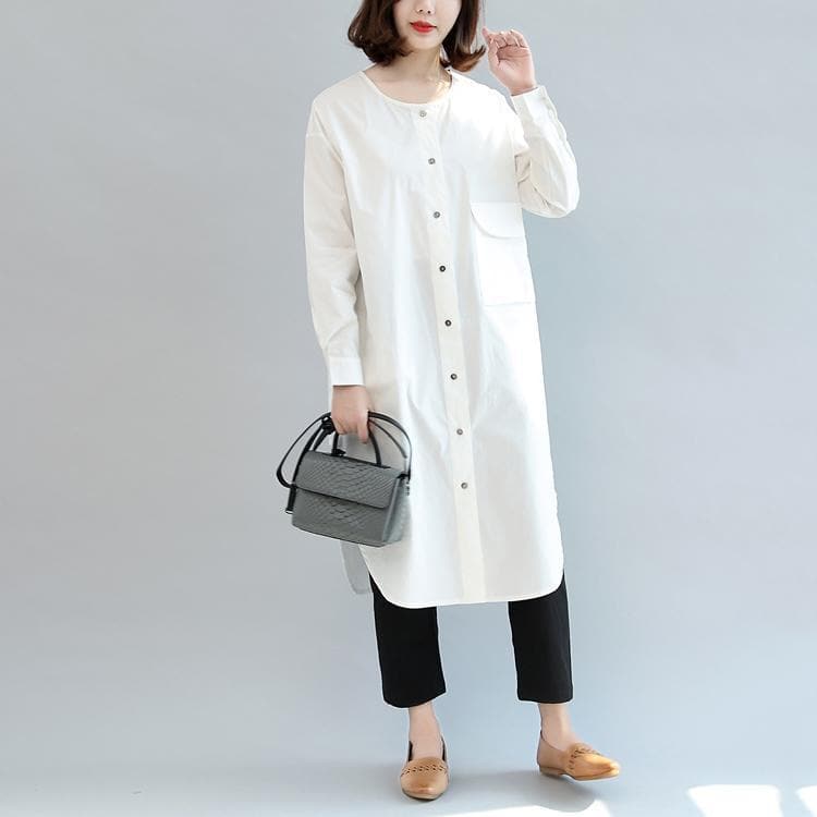 white baggy cotton dresses loose casual long sleeve shirt dress FDM171028