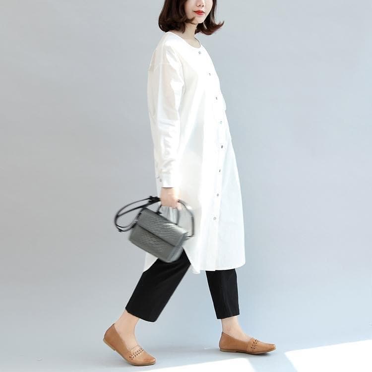 white baggy cotton dresses loose casual long sleeve shirt dress FDM171028