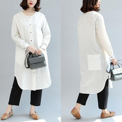 white baggy cotton dresses loose casual long sleeve shirt dress FDM171028