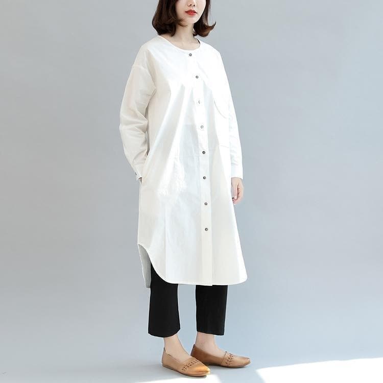 white baggy cotton dresses loose casual long sleeve shirt dress FDM171028