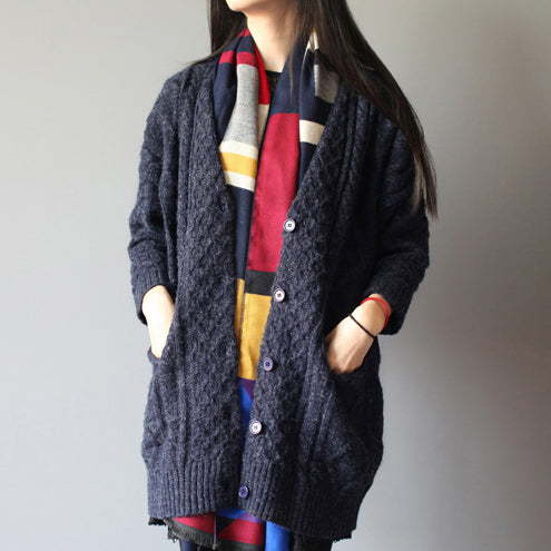 winter baggy loose navy woolen blended knit cardigans plus size pockets cable sweater coat NCT171106