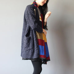 winter baggy loose navy woolen blended knit cardigans plus size pockets cable sweater coat NCT171106