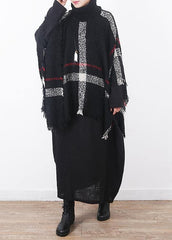 winter original design plaid high neck knit tops oversize black tassel cloak AM-SCF191107