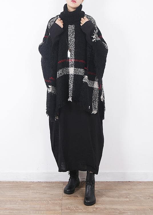 winter original design plaid high neck knit tops oversize black tassel cloak AM-SCF191107