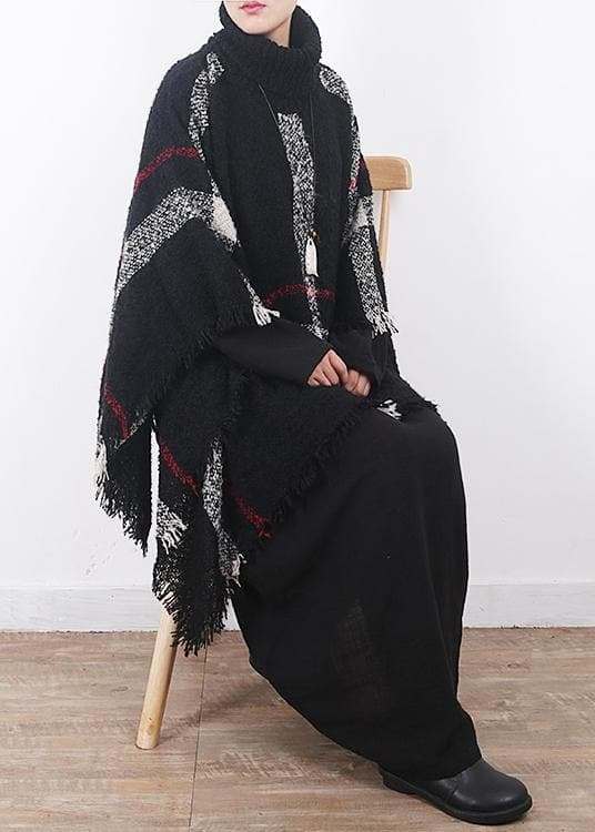 winter original design plaid high neck knit tops oversize black tassel cloak AM-SCF191107