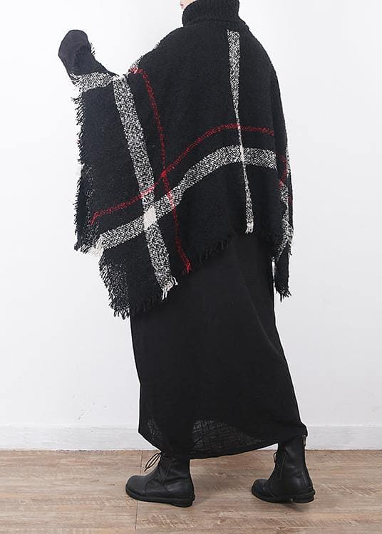 winter original design plaid high neck knit tops oversize black tassel cloak AM-SCF191107