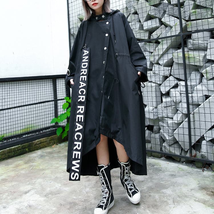 women black Coat plus size hooded asymmetric trench coat women tie waist print coats AT-TCT1809911