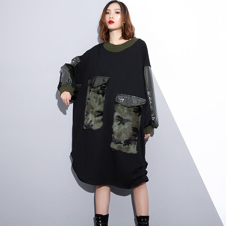 women black Loose fitting fall dresses patchwork fine O neck cotton dress AT-FDM181010