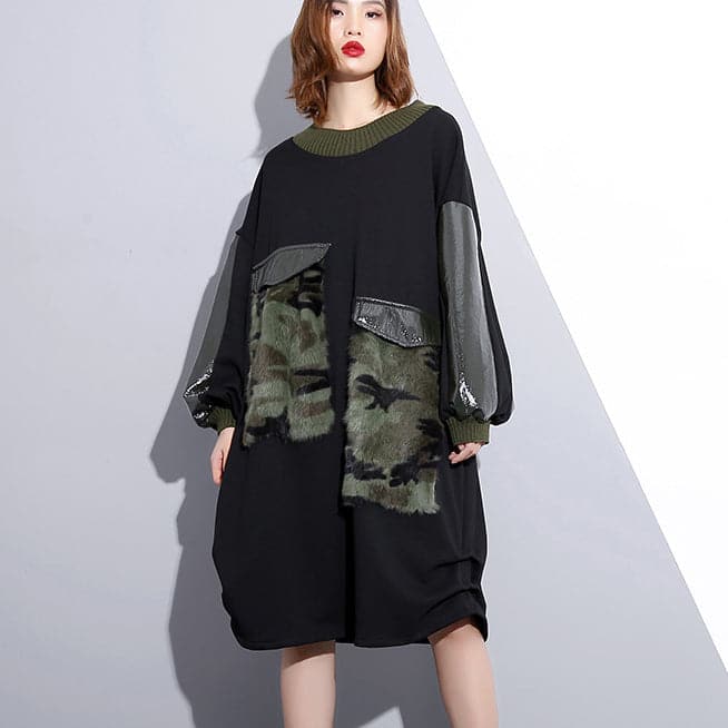 women black Loose fitting fall dresses patchwork fine O neck cotton dress AT-FDM181010