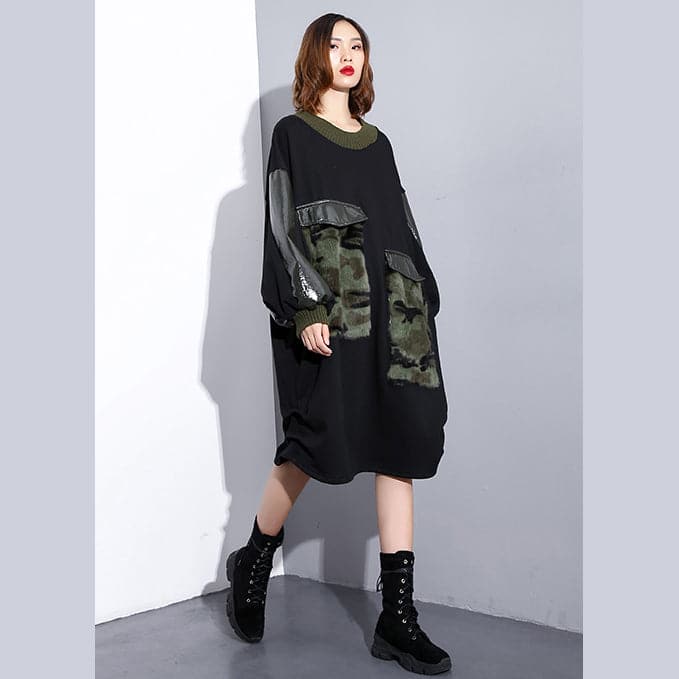 women black Loose fitting fall dresses patchwork fine O neck cotton dress AT-FDM181010