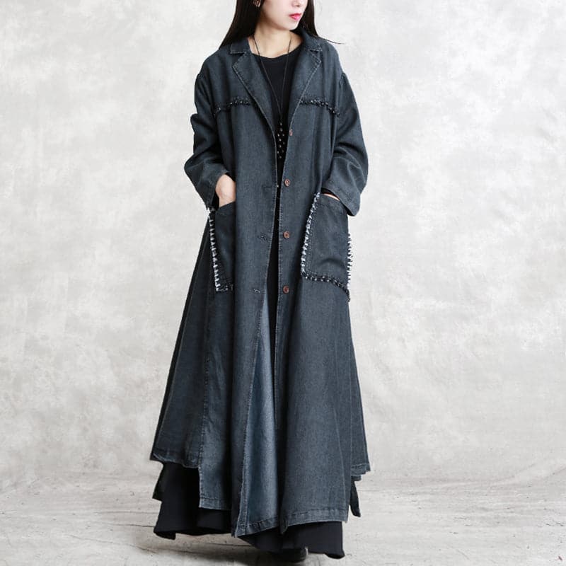 women black Winter coat oversized Notched pockets Elegant long sleeve denim patchwork long coats TCT1809912