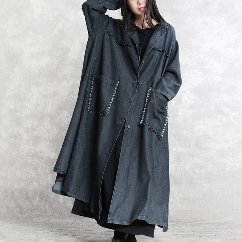 women black Winter coat oversized Notched pockets Elegant long sleeve denim patchwork long coats TCT1809912