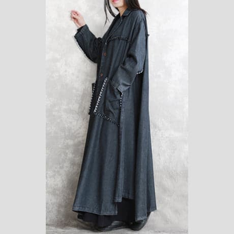 women black Winter coat oversized Notched pockets Elegant long sleeve denim patchwork long coats TCT1809912