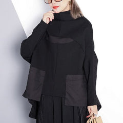 women black cotton blended blouse plus size Turtleneck pockets women batwing Sleeve patchwork cotton blended t shirt AT-LTP1809911