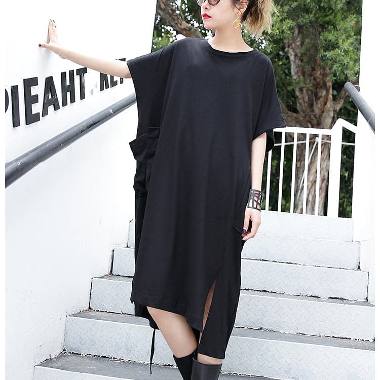 women black cotton dress plus size clothing big pockets cotton gown Elegant side open kaftans AT-SDL180417