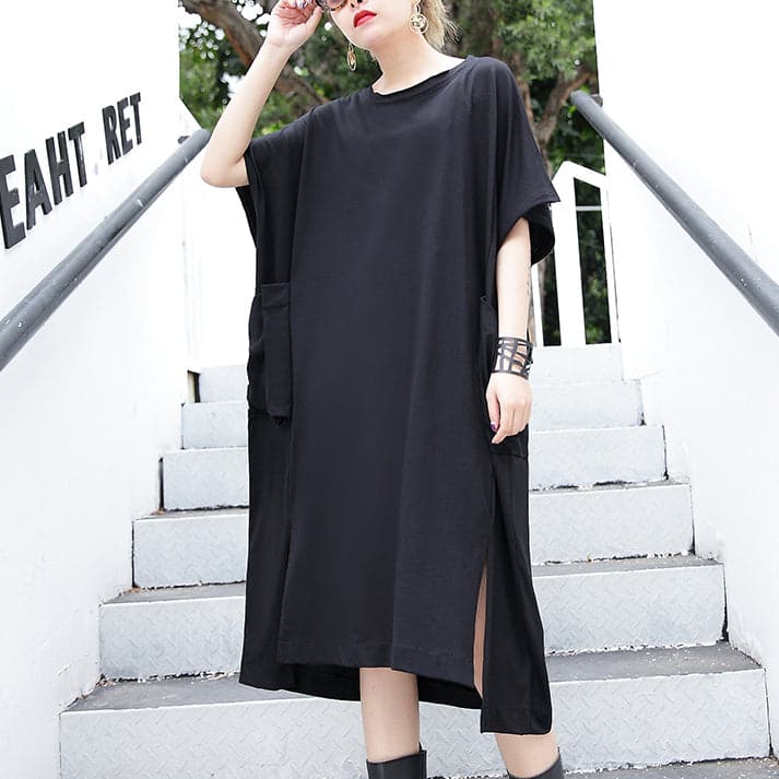 women black cotton dress plus size clothing big pockets cotton gown Elegant side open kaftans AT-SDL180417