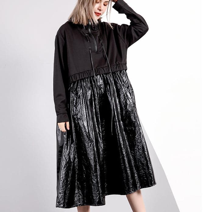 women black fall oversized traveling clothing drawstring Elegant hooded patchwork dresses AT-FDM1809911