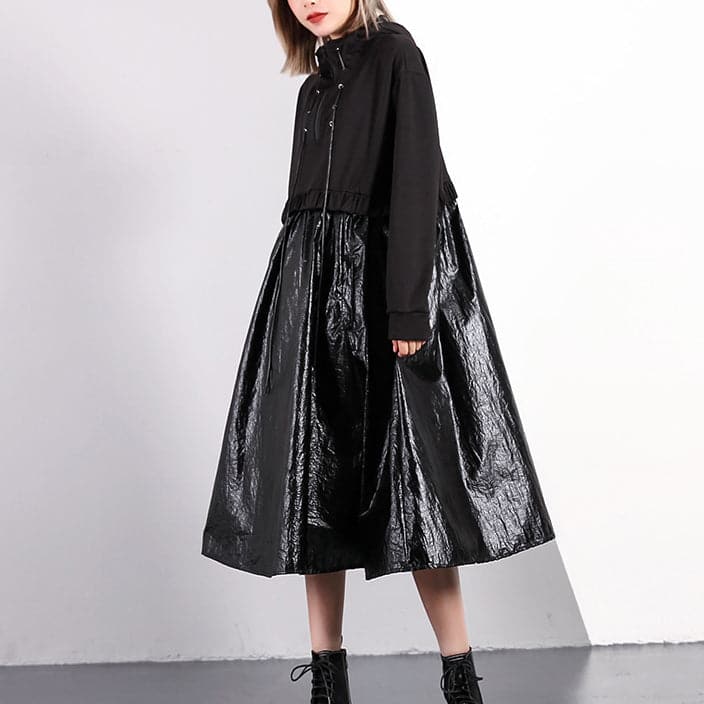 women black fall oversized traveling clothing drawstring Elegant hooded patchwork dresses AT-FDM1809911