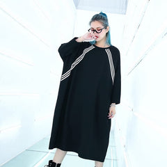 women black knee plus size traveling dress Batwing Sleeve baggy dresses fine O neck cotton dresses AT-FDM180917