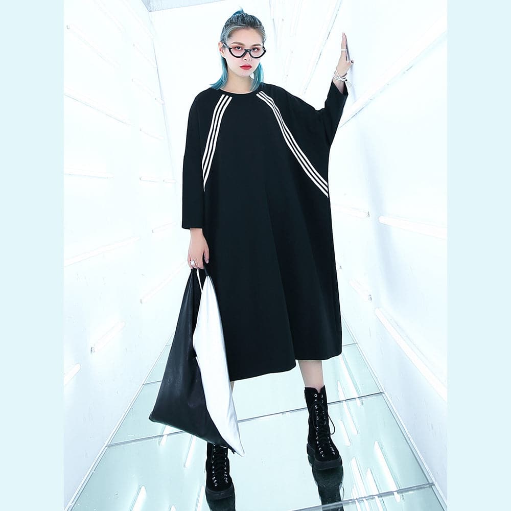 women black knee plus size traveling dress Batwing Sleeve baggy dresses fine O neck cotton dresses AT-FDM180917