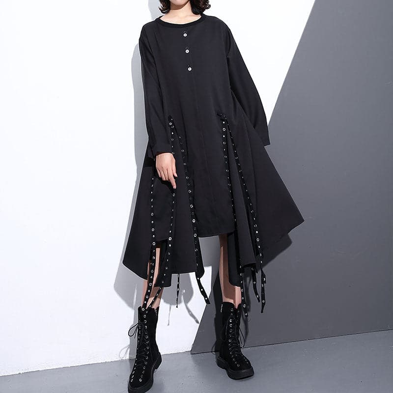 women black silk cotton maxi dress plus size O neck baggy silk cotton clothing dress boutique asymmetrical design autumn dress AT-FDM180910