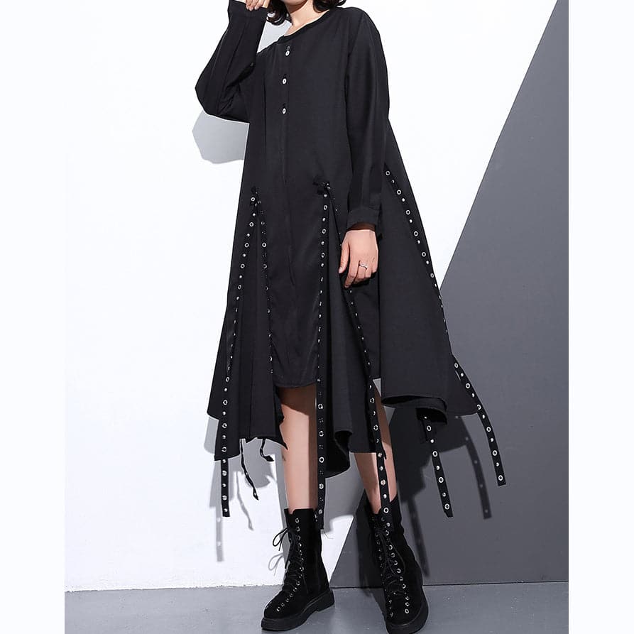 women black silk cotton maxi dress plus size O neck baggy silk cotton clothing dress boutique asymmetrical design autumn dress AT-FDM180910