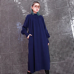 women blue fall casual stand collar traveling dress 2018 pockets baggy dresses AT-FDL180917