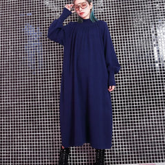 women blue fall casual stand collar traveling dress 2018 pockets baggy dresses AT-FDL180917