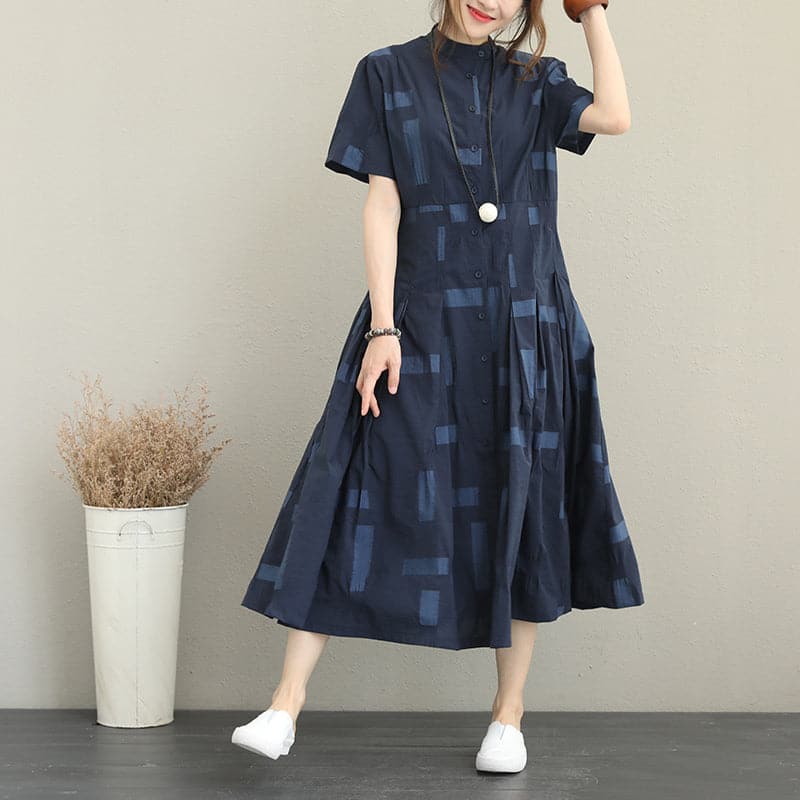 women blue natural cotton dress Loose fitting stand collar caftans boutique big hem shirt maxi dresses SDL180727