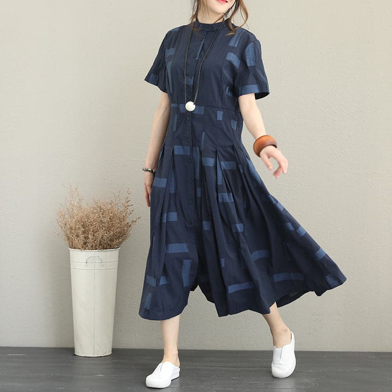 women blue natural cotton dress Loose fitting stand collar caftans boutique big hem shirt maxi dresses SDL180727