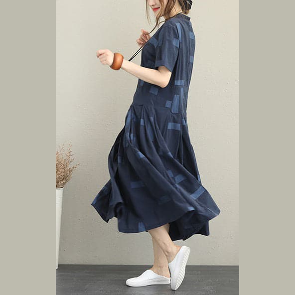 women blue natural cotton dress Loose fitting stand collar caftans boutique big hem shirt maxi dresses SDL180727