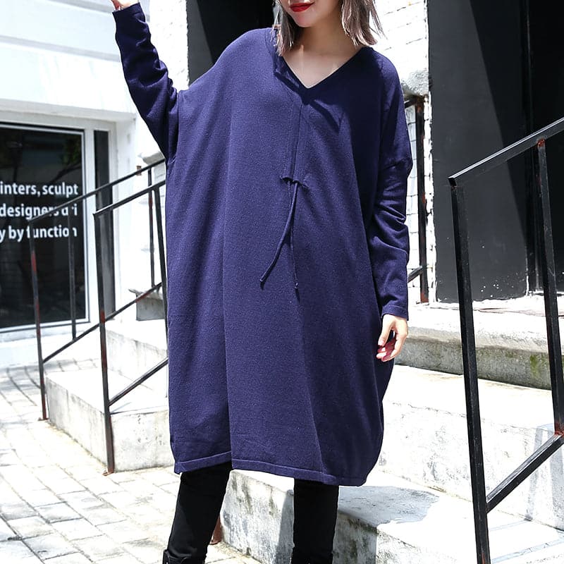 women blue plus size casual baggy dresses 2018 V neck drawstring cotton blended dress AT-FDM1809911